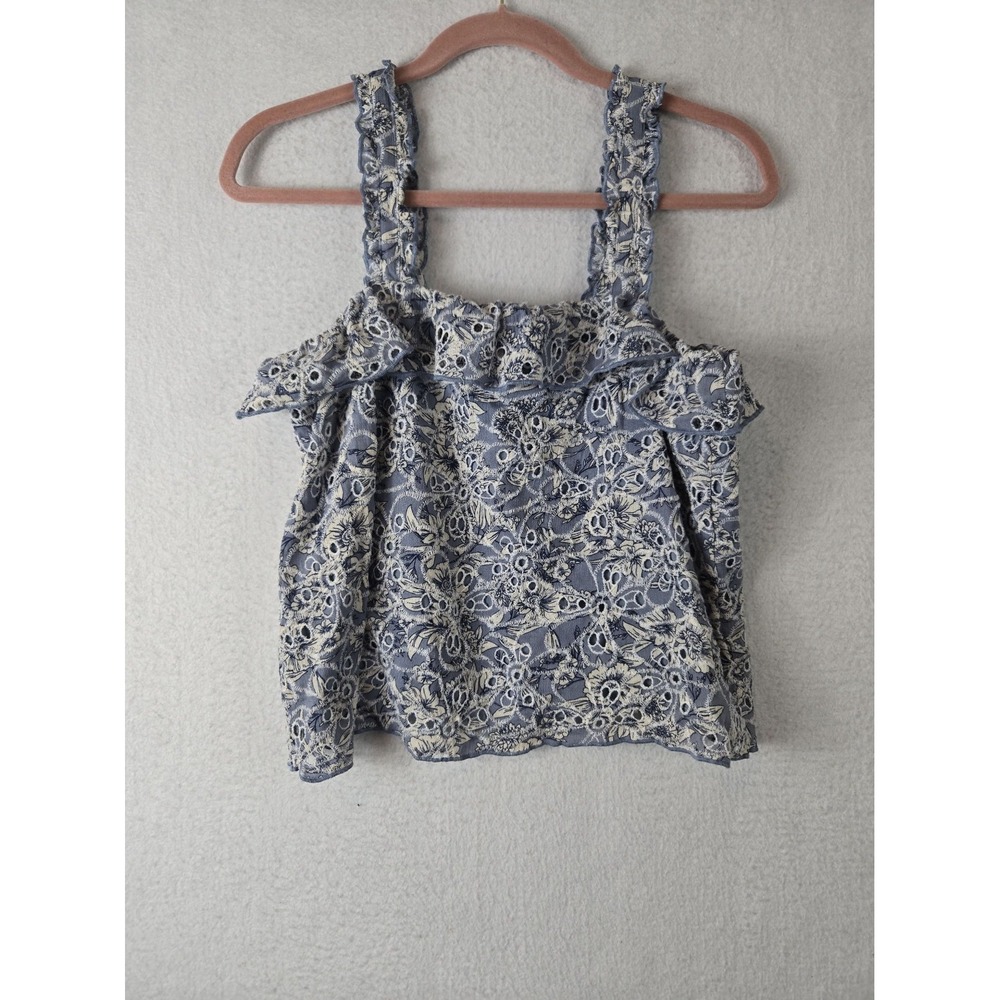 American Eagle Blue Floral Lace Ruffle Top M Sleeveless‎ Blouse Babydoll